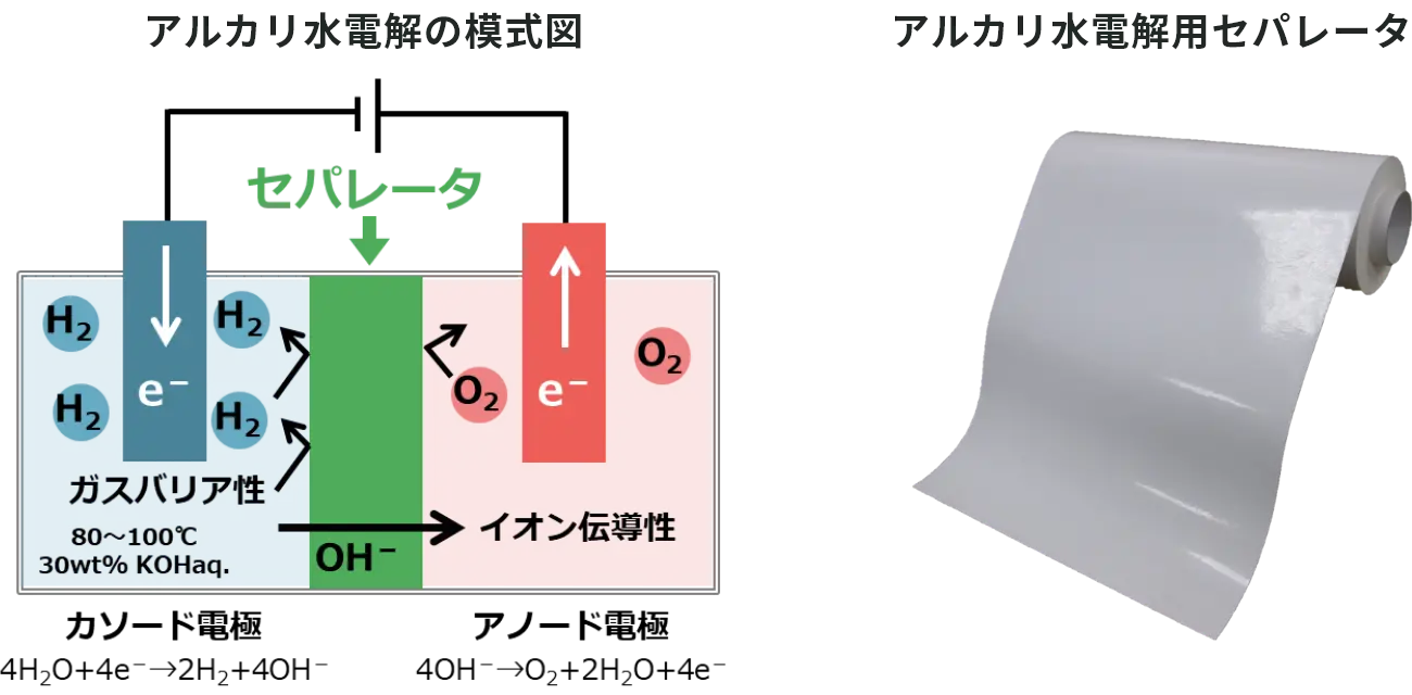 アルカリ水電解の模式図とアルカリ水電解用セパレータの画像