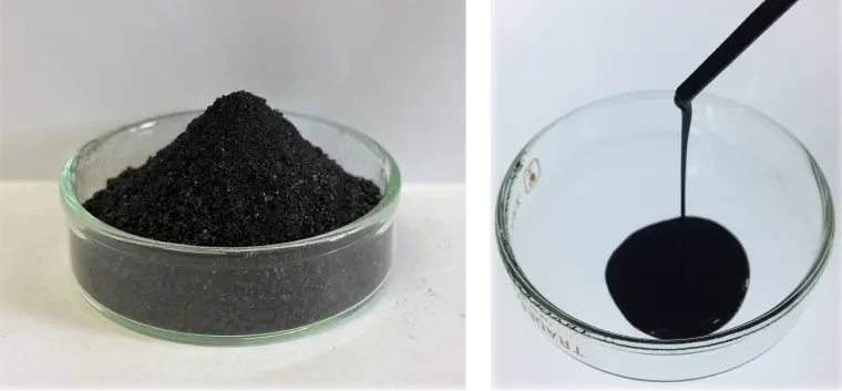Photographs of soluble carbon material powder and solution